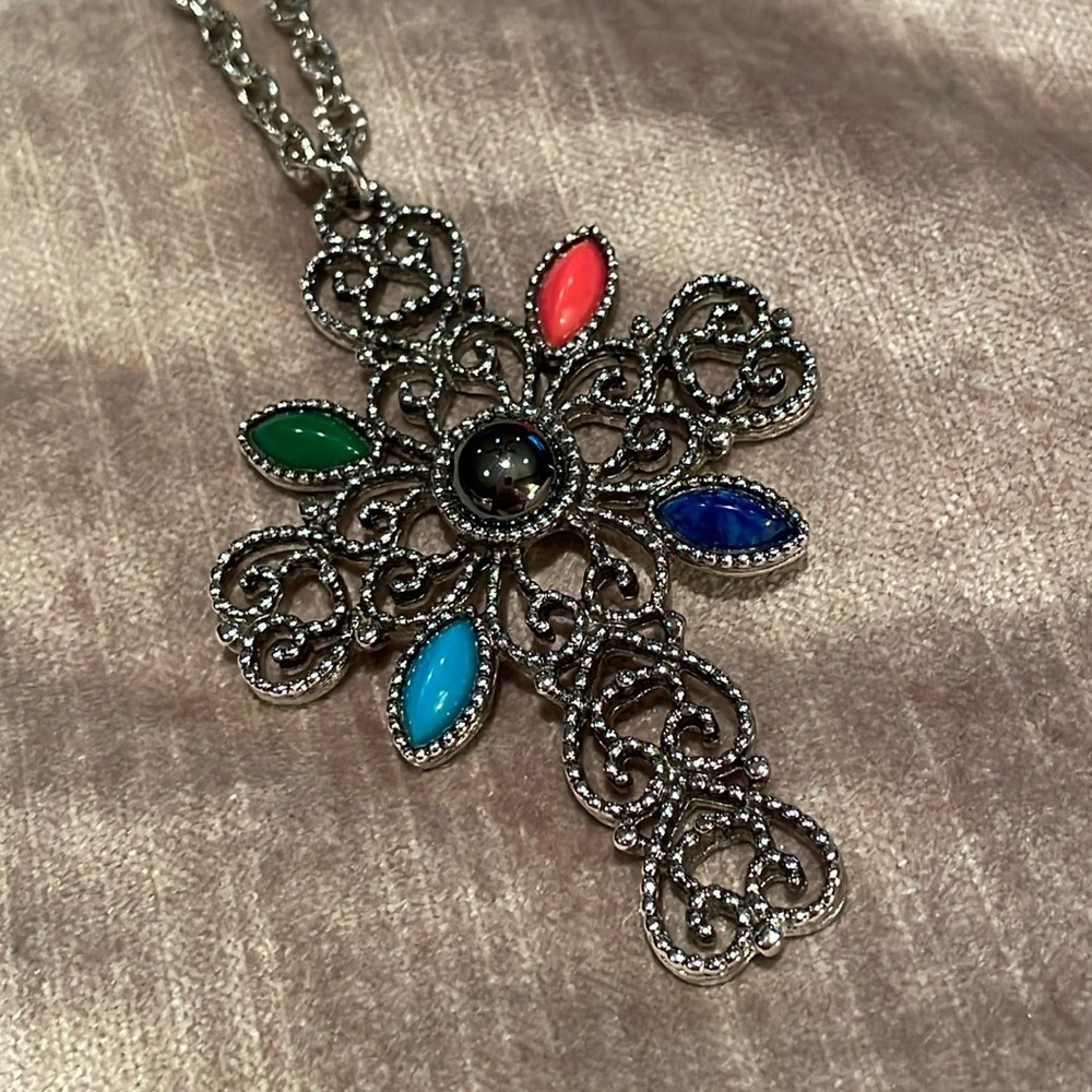 Avon Colorful Cross Pendant Necklace Vintage 80’s